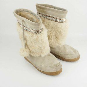 Womens Minnetonka Genuine Rabbit Fur Mukluk Boots Faux Shearling Suede Beige 7